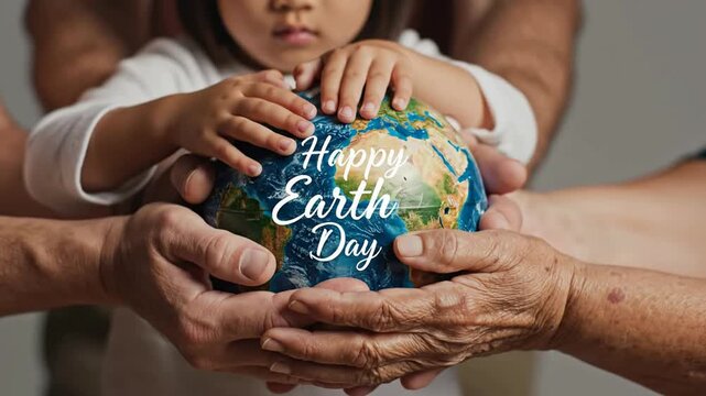 Multi-generational family holding earth globe together for happy earth day celebration, environmental conservation and ecology concept