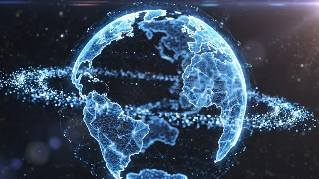 Futuristic digital earth globe rotating with glowing data rings and network connections in cyberspace space