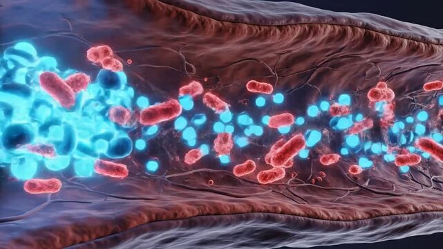3D animation of glowing blue medicine particles fighting red bacteria inside a human vessel medical sci-fi concept