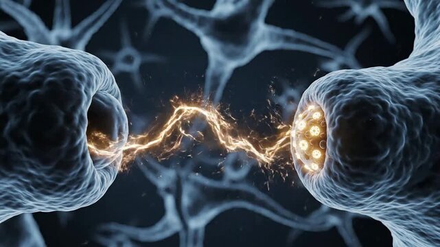 Neuron synapse electrical impulse transmission: microscopic animation of brain cells communicating with glowing energy sparks and neural activity
