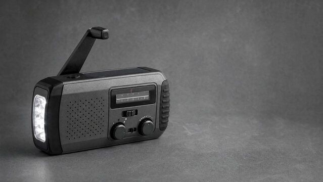 Portable hand crank emergency radio with turned on flashlight on dark gray background, copy space, ideal for disaster preparedness, survival gear, safety equipment concepts.