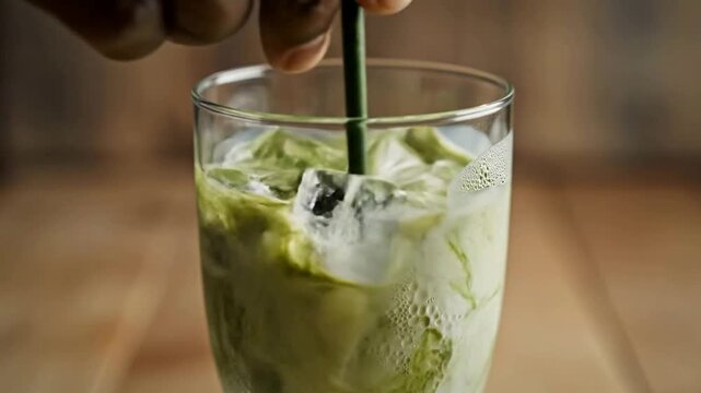Pouring and stirring ice matcha green tea latte in glass with straw on wooden table background, iced latte