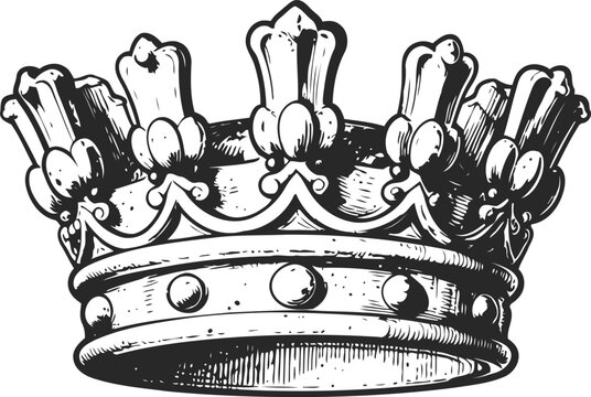 Detailed vintage royal crown illustration with ornate fleur de lis and jewels in black and white