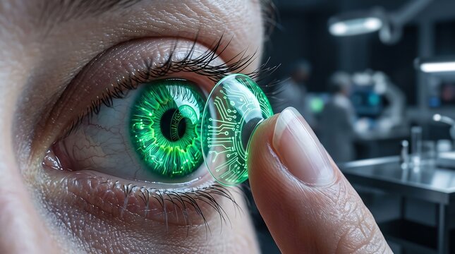 Person inserting a glowing green digital contact lens into their eye in a futuristic laboratory with futuristic vision augmented reality smart lens cybernetic vision