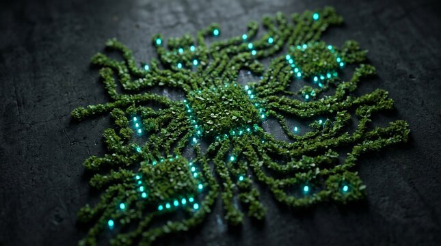 Glowing microchip circuit board composed of vibrant green foliage and glowing light points symbolizing sustainable technology concepts on dark textured surfaces