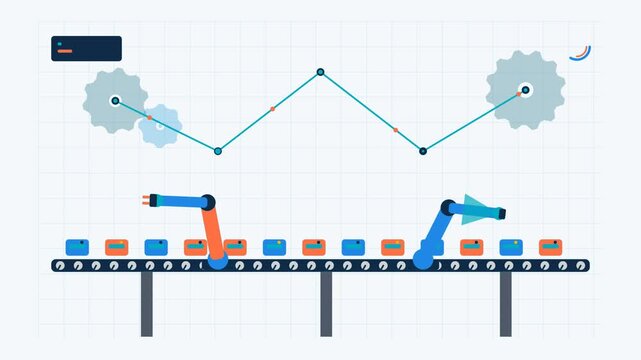 Automated factory assembly line animation with robotic arms, conveyor belt, and analytics dashboard also transparent background