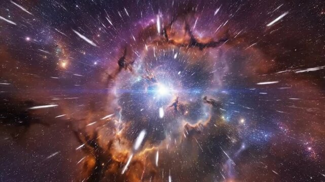 Hyperspace warp speed travel through vibrant colorful nebula and starfield in deep universe space travel