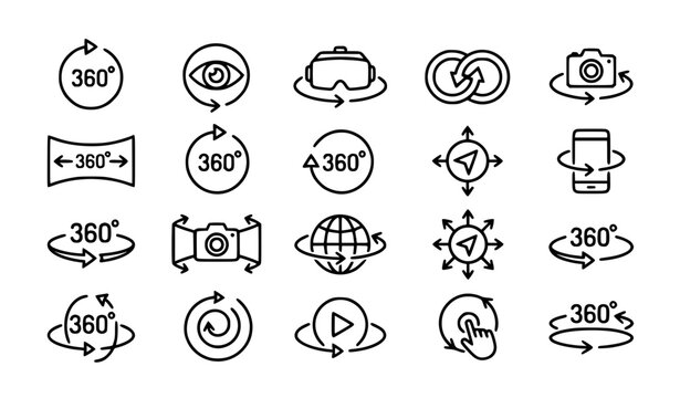 360 Degree Rotation Panorama and Circular Navigation Vector Icons
