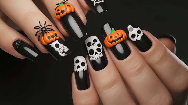 Spooky Halloween nail art featuring 3D pumpkins and skulls displayed in high definition motion footage clip