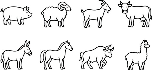 Fototapeta premium Farm animals and domestic livestock line icon set featuring vector illustrations of pig sheep goat cow donkey horse bull and alpaca