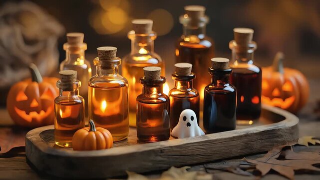Halloween magic potion bottles glowing with mysterious liquid in wooden tray clip