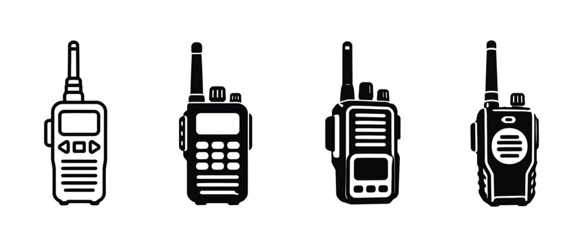 Set of four black and white handheld walkie talkie icons with radio transceiver two way radio communication device portable radio icon wireless communication radio unit