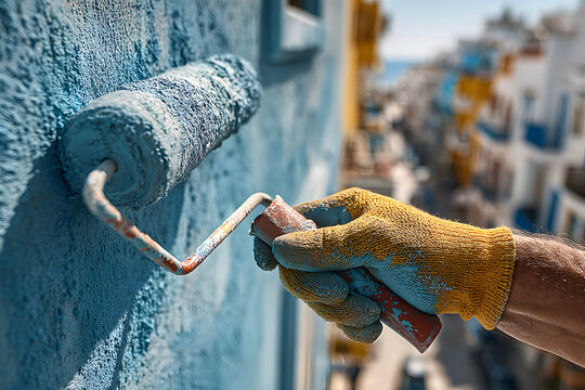 Close up of a worker using a paint roller to paint a building wall blue, renovating the facade with protective work gloves outdoors on a bright sunny day in summer.