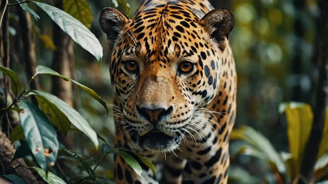 Wild jaguar stalking through lush rainforest jungle, intense predator eye contact and prowling movement in natural habitat