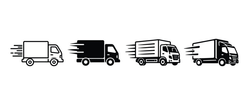 Set of four stylized delivery truck icons representing fast transport and logistics with transport icon fast shipping freight transport cargo truck shipping service trucking