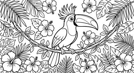 Fototapeta premium Tropical toucan bird coloring page with hibiscus flowers