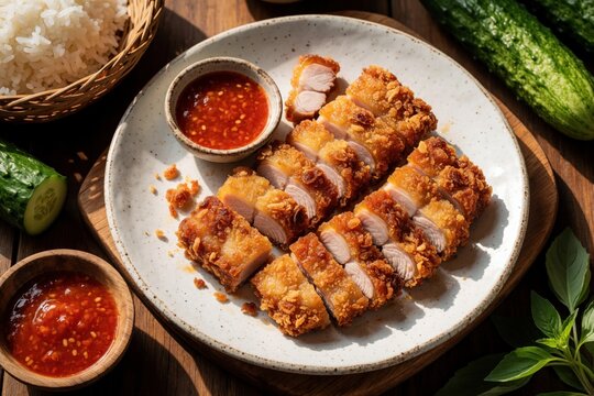Crispy fried pork belly slices served on white plate with spicy chili sauce. Traditional Thai moo tod krob street food with sticky rice, fresh cucumber on wooden table. Delicious Asian meat dish for