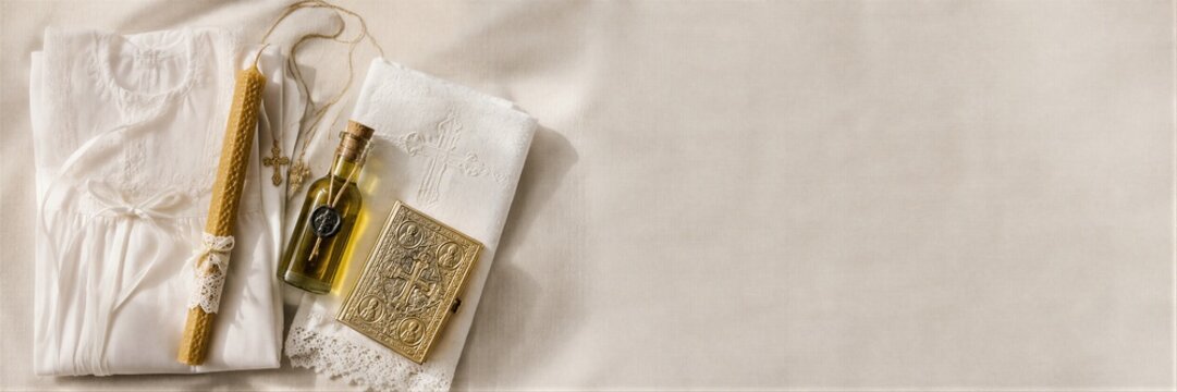Baby baptism set flat lay with white christening gown, candle, cross necklace, holy oil bottle and gospel book on cream fabric. Orthodox christening ceremony accessories.