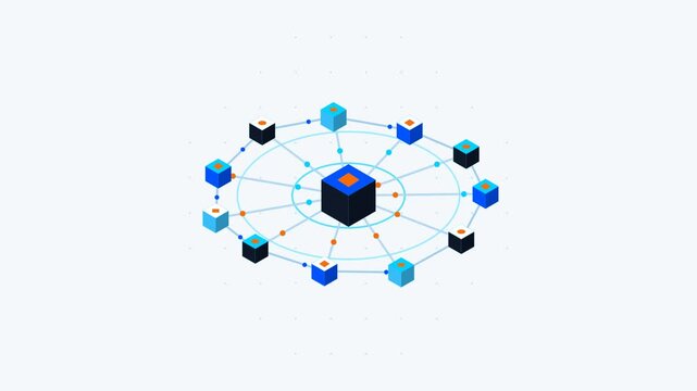 Decentralized blockchain network architecture and cryptographic data transfer animation with connected cyber cubes also transparent background