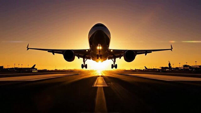 Passenger airplane landing on runway at sunset golden hour dramatic low angle approach view aircraft