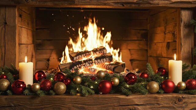 Cozier christmas fireplace with crackling logs, glowing candles, and festive red and gold ornaments for holiday season ambiance