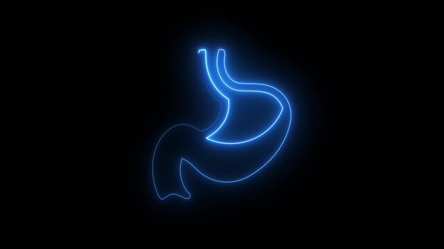 Blue neon stomach icon on dark background, glowing human digestive organ symbol.