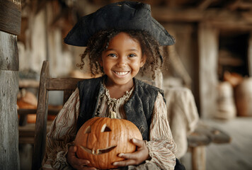 Naklejka premium a photo of a happy african american girl dressed as a pirate with a black hat, sitting on a chair and holding a halloween pumpkin.