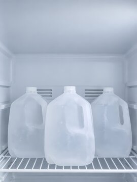 Power outage food safety concept shows Three gallon jugs filled with water sitting on a refrigerator shelf.