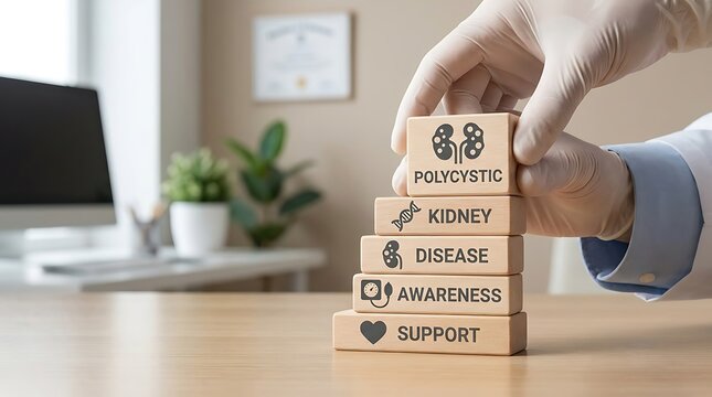 Doctor hand holding wooden blocks with polycystic kidney disease awareness message