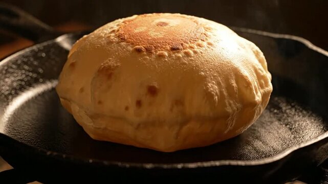 Fresh flatbread inflating and baking in a hot cast iron skillet with steam for delicious homemade recipe