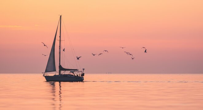 Serene sailboat gliding through calm waters at golden hour with seagulls flying freely