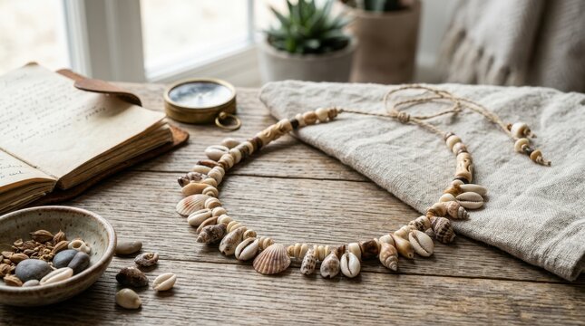 Beaded necklace with seashells and animal bones on a wooden table. Ethnic jewelry flat lay