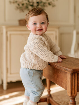 A cute smiling baby boy with blue eyes standing by a wooden table in a knitted sweater and light blue pants, looking happily at the camera in a bright, warm home interior photo session background.