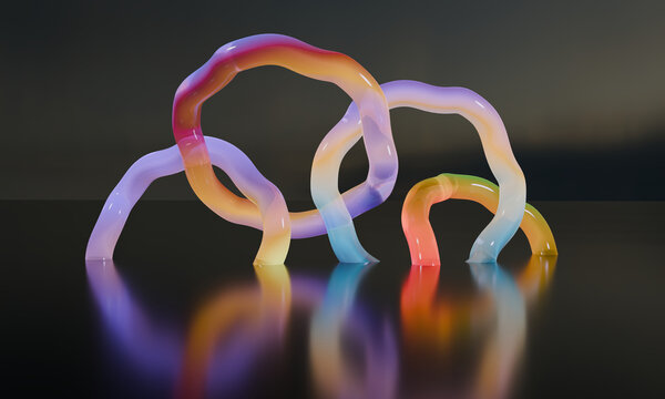 Wobbly 3D arches standing on a glossy floor
