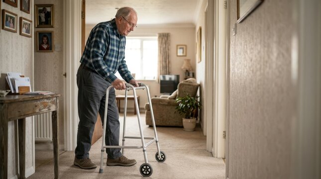 Elderly man back pain using walker. Senior male walking with a mobility aid in hallway