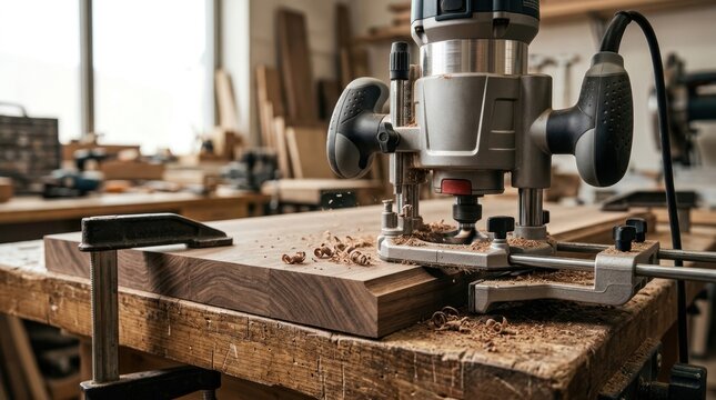 Hand router cutting wood edge detail in a workshop. Carpentry and woodworking tool in action with wood shavings. Close up photo