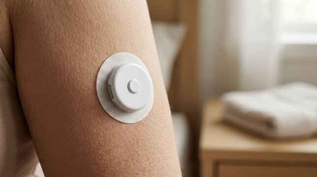 Continuous glucose monitoring sensor patch on human arm. Medical device for diabetes management and health care. Close up photo