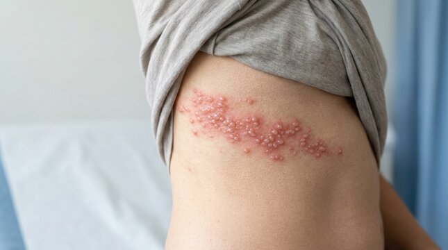 Herpes zoster shingles rash with painful blisters on a person torso. Viral skin infection symptom in a medical clinic. Close up photo
