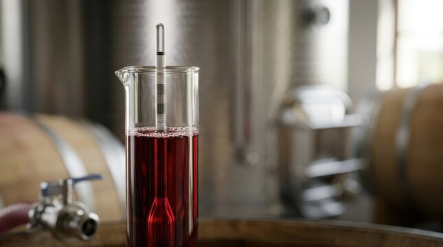 Hydrometer measuring sugar density in red wine inside a glass cylinder. Winemaking laboratory analysis process. Close up photo
