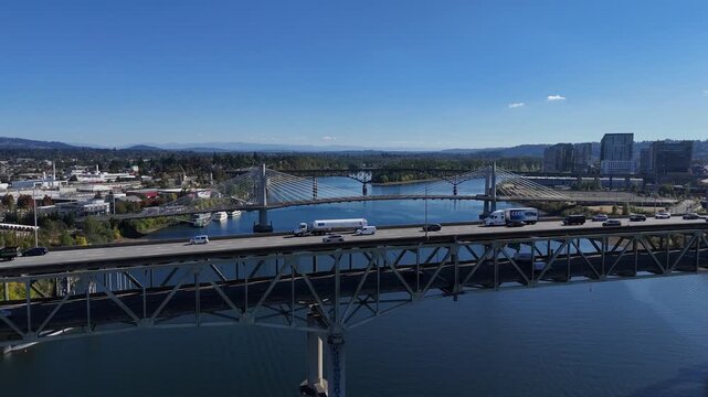 Marquam Bridge Crossing Willamette River with Traffic in Portland Oregon 4K Aerial Drone Video