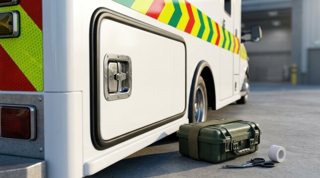 Paramedic vehicle ambulance exterior with emergency kit and medical supplies on the ground. First aid response setup