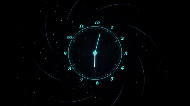 A glowing cosmic clock floating in dark space with swirling spiral galaxy arms