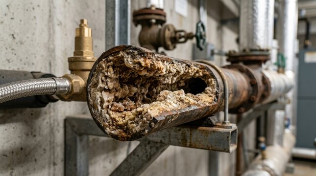 Corroded metal pipe section with severe mineral scale deposit buildup and calcification. Industrial water damage concept