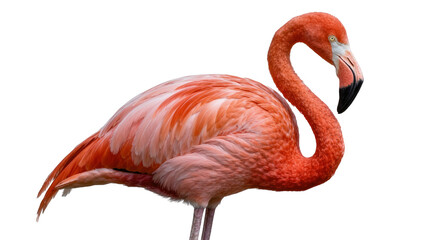 Vibrant pink flamingo with curved neck and black tipped beak, isolated on transparent background © helion
