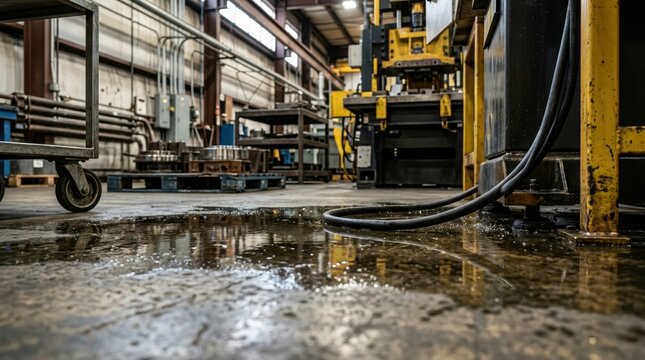 Slippery factory floor surface with water leak near heavy machinery. Industrial workplace hazard and maintenance issue