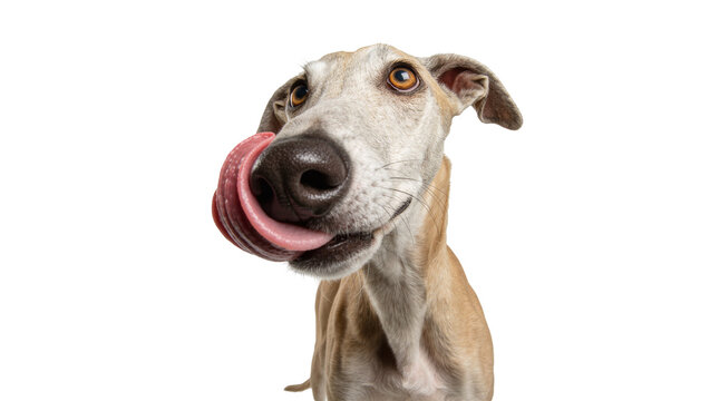 Light brown whippet dog licking its nose with pink tongue, isolated on transparent background