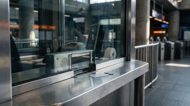 Ticket booth glass window counter with card reader and metal counter in transit station