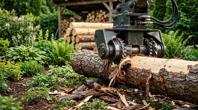 Timber processing machine with debarking equipment and logs in forest industry