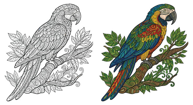 Intricate parrot illustration with floral details and colorful plumage
