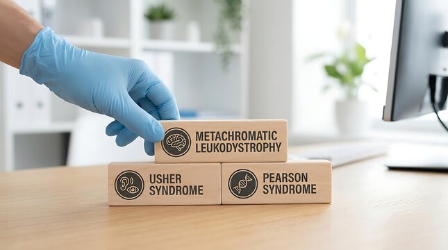 Medical professional stacking wooden blocks with text labels regarding rare genetic conditions and various syndrome diagnoses